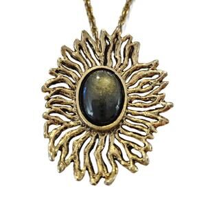 Antique Bronze Brutalist Sunburst Black Moonstone Necklace